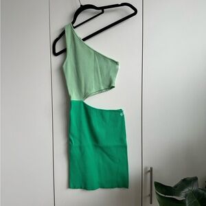 Bershka cut-out asymmetric detail ribbed mini dress in green
